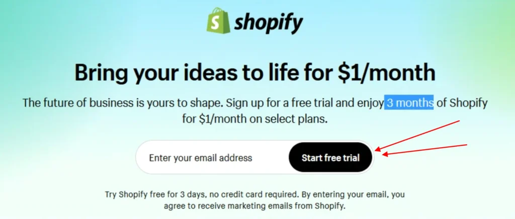 Comience la prueba gratuita de Shopify paso 1