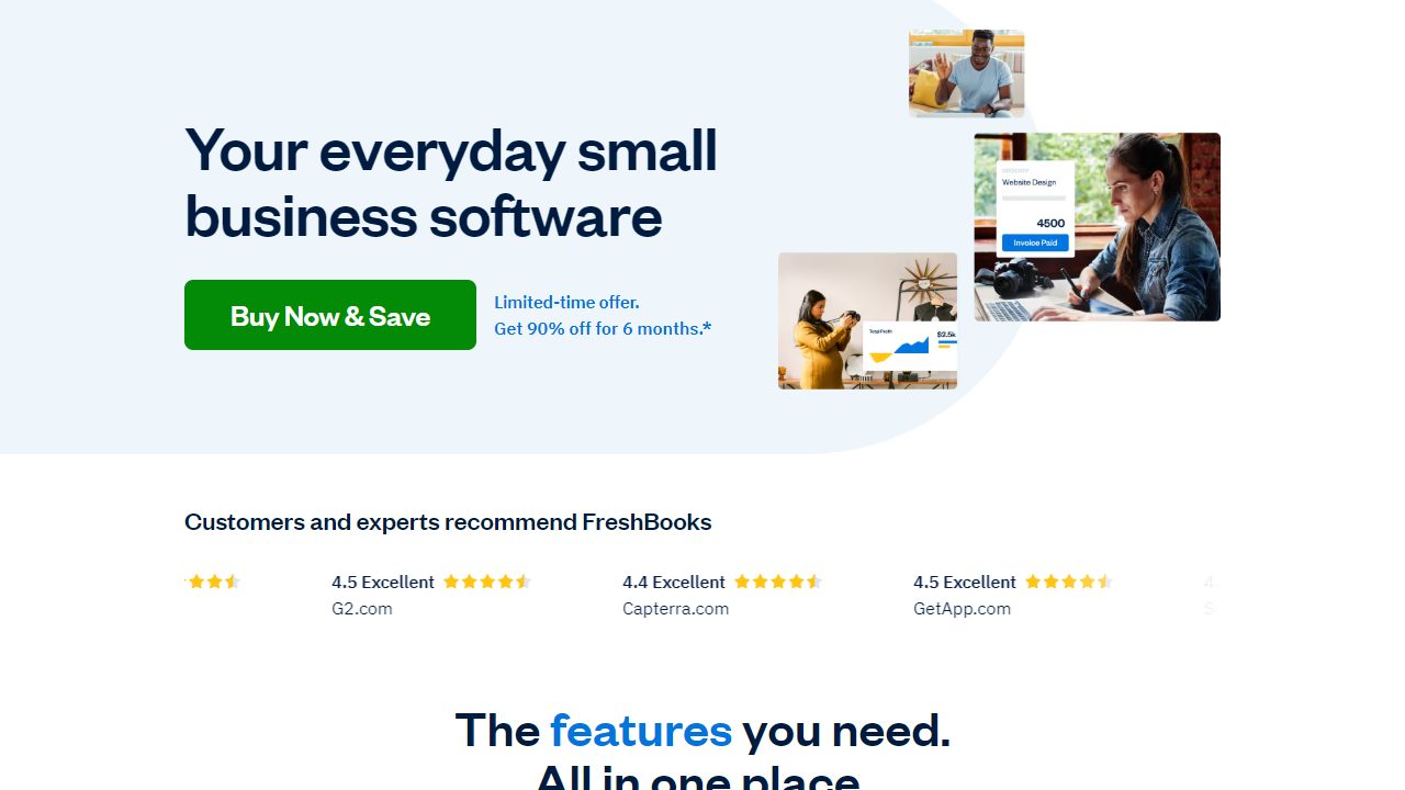 FreshBooks dashboard showing invoices, expenses, payments, and business overview