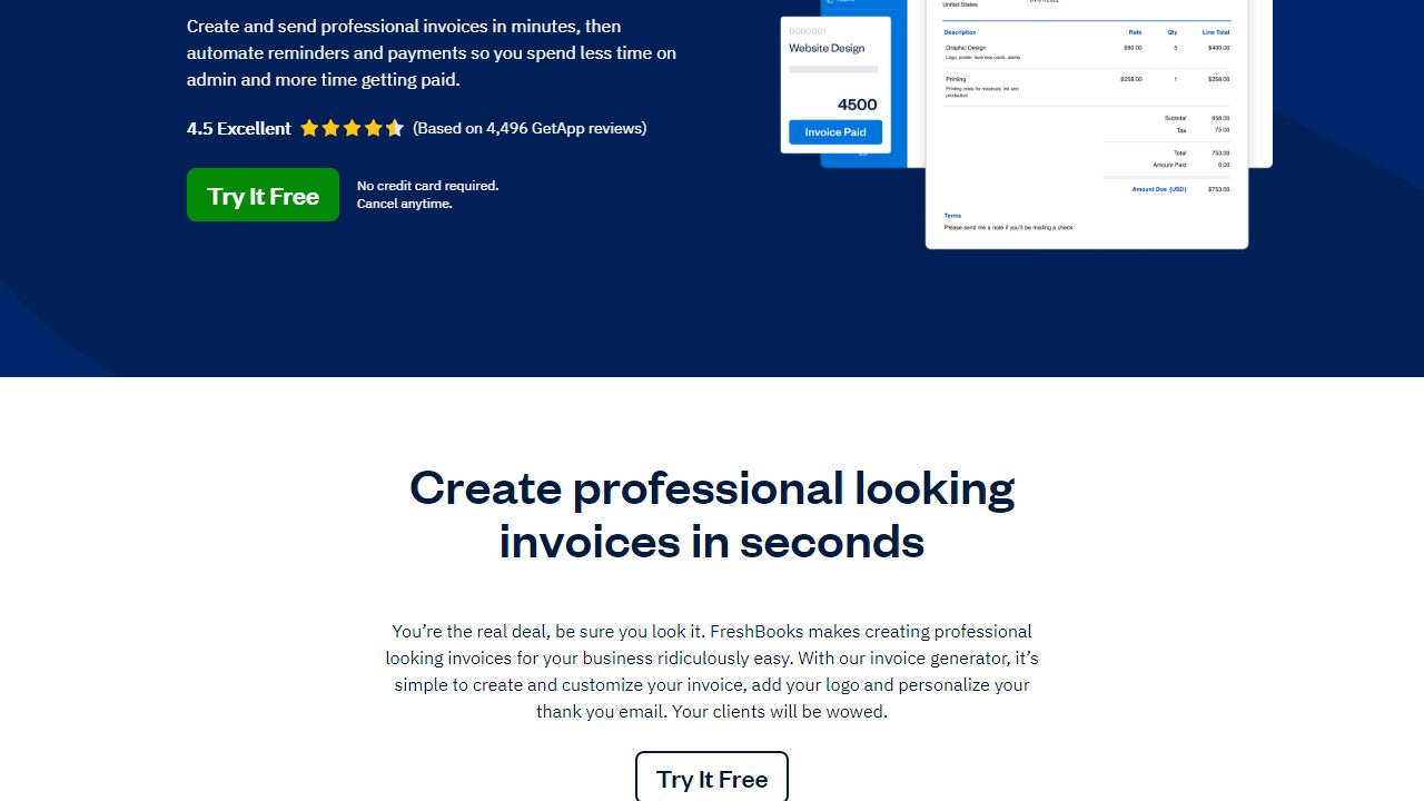 FreshBooks invoice screen showing invoice creation and client billing tools