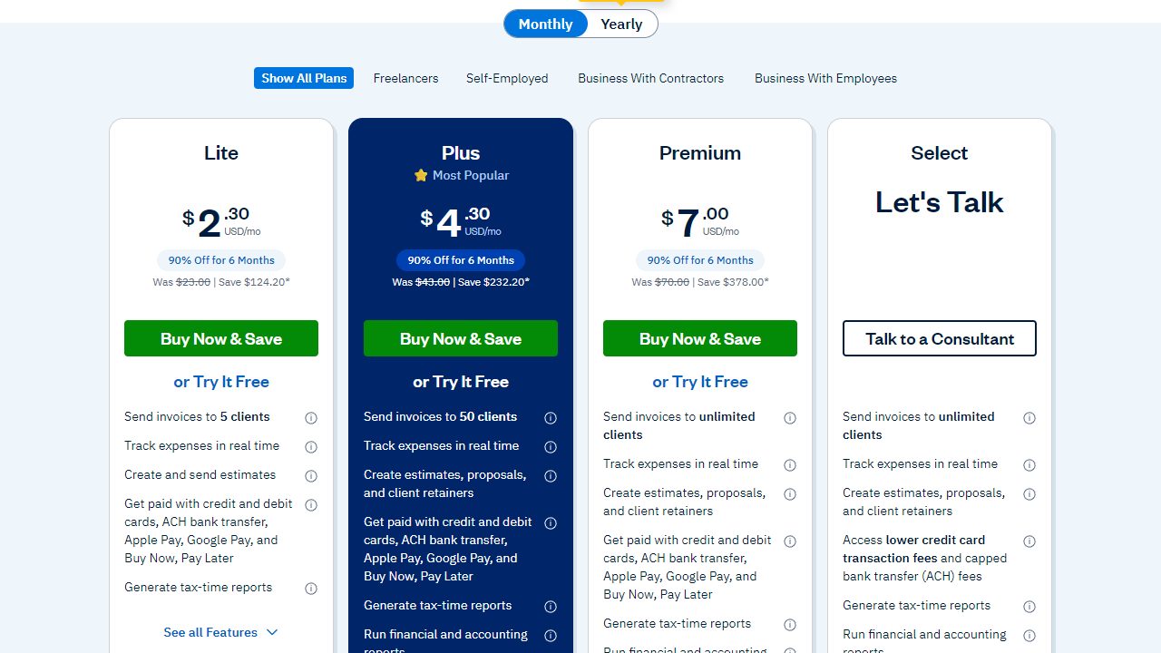 FreshBooks pricing page showing current promo code discount and plan prices in 2026