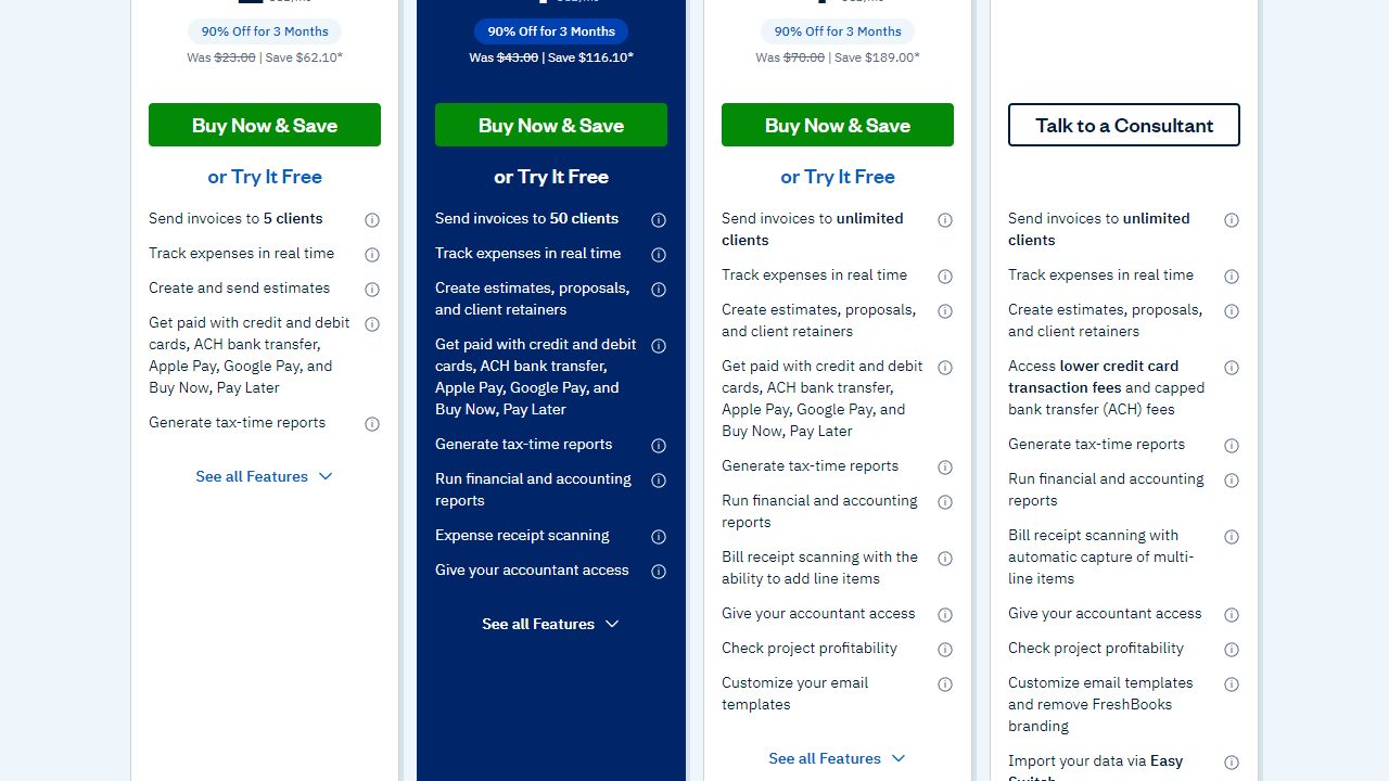 FreshBooks pricing page showing Lite, Plus, Premium, and Select plan feature differences.