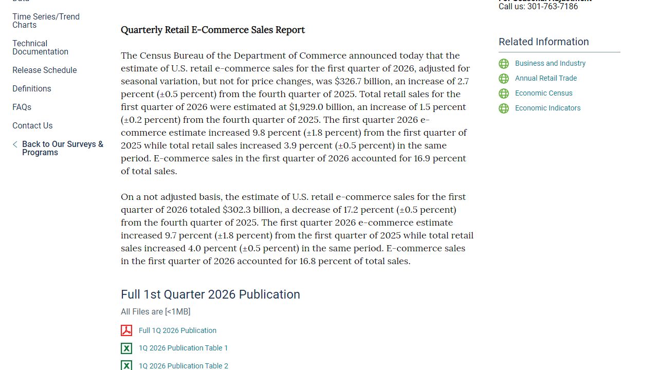 US Census ecommerce sales report screenshot used as source context for ecommerce accounting trends. US Census quarterly retail ecommerce sales report showing Q1 2026 ecommerce sales data.