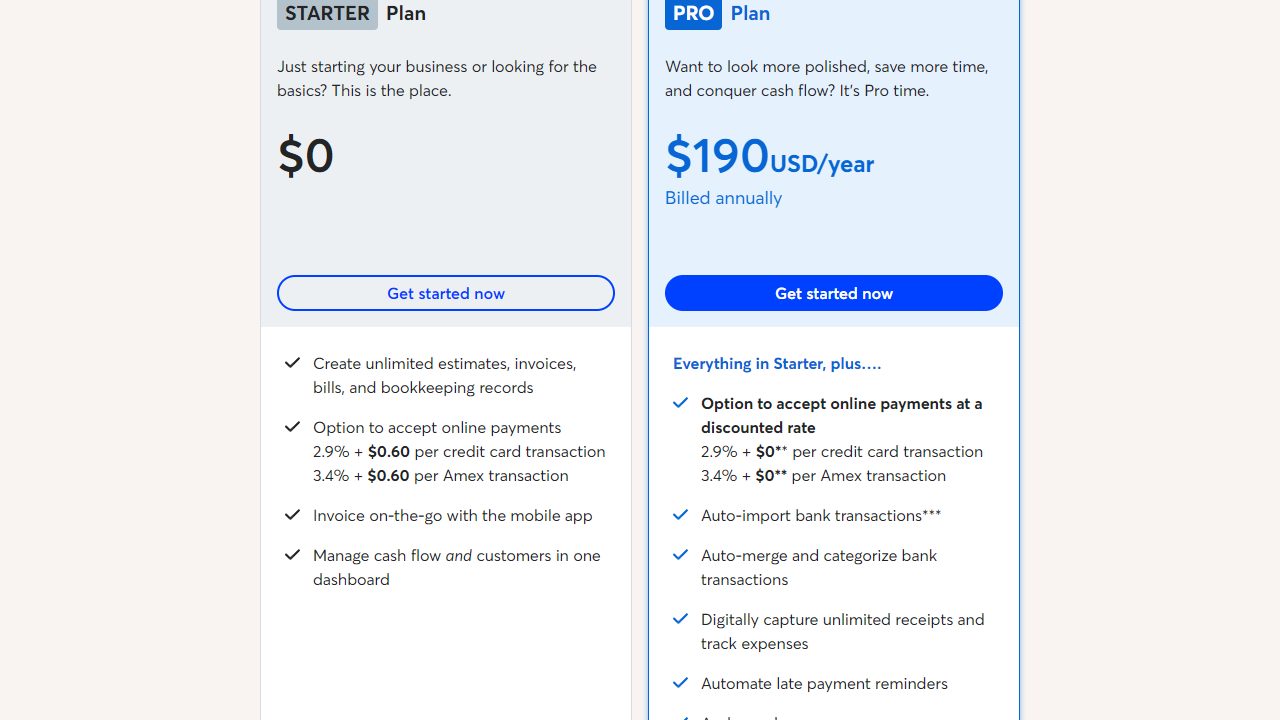 Wave pricing page showing Starter and Pro accounting plans with payment and bookkeeping features.