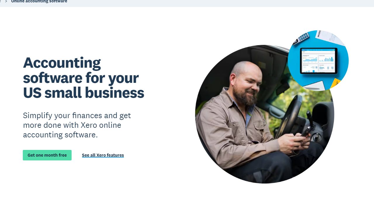 Official Xero product page screenshot showing the accounting software positioning and interface. Xero accounting software page showing small business accounting features and product interface.
