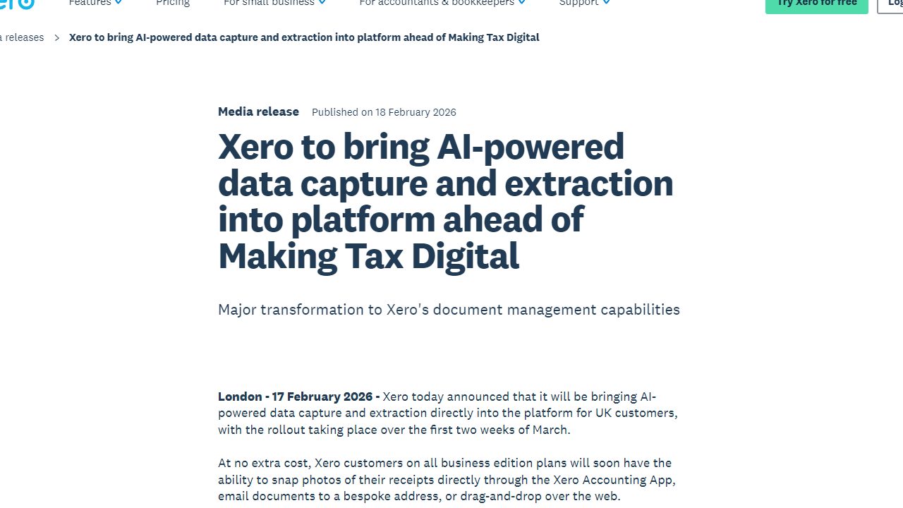 Official Xero media release screenshot about AI-powered data capture and extraction. Xero media release about AI-powered data capture and extraction in the accounting platform.
