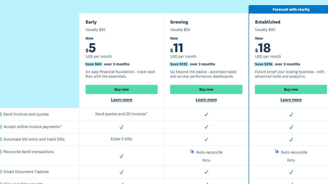 Official Xero pricing page screenshot. Prices and promotional offers can change. Xero pricing plans showing Early, Growing, and Established monthly plan options in 2026.