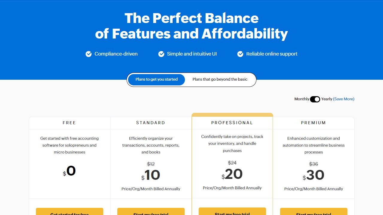 Zoho Books pricing page showing free and paid accounting software plans.
