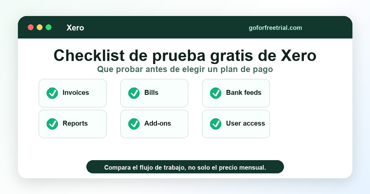 Checklist de precios de Xero para probar facturas, gastos, bancos e informes