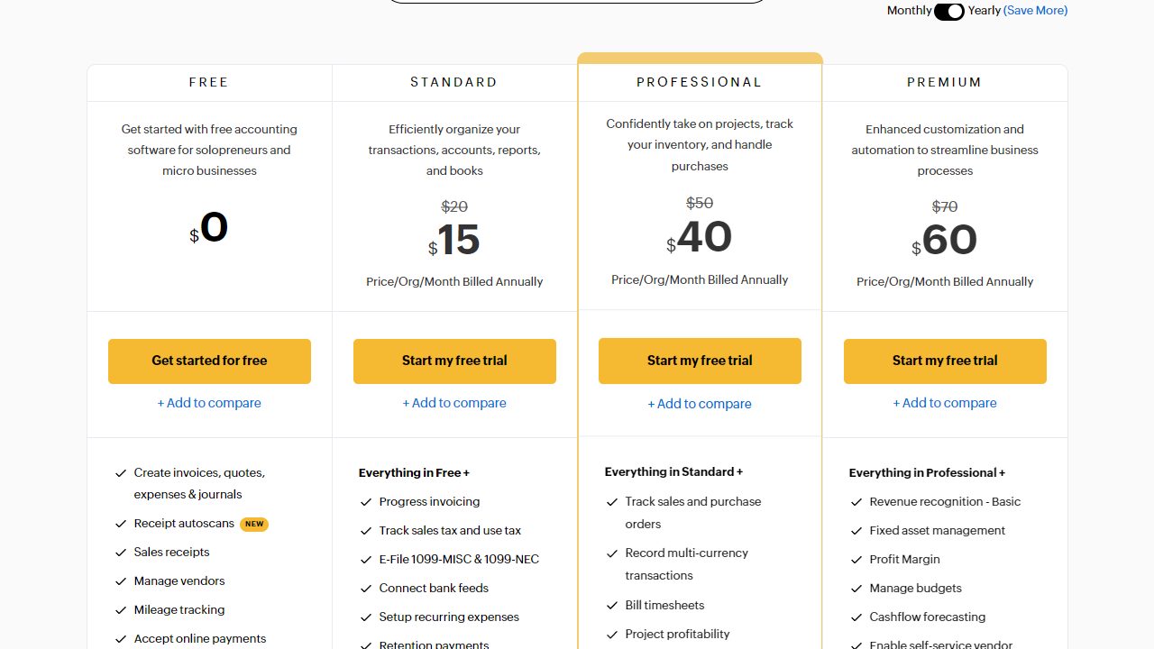 Zoho Books pricing page showing accounting software plans and free trial option