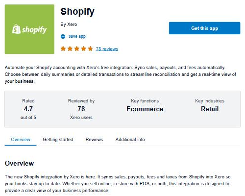 Xero App Store listing for the Shopify integration by Xero, described as a free integration that syncs sales, payouts, fees and taxes from Shopify into Xero